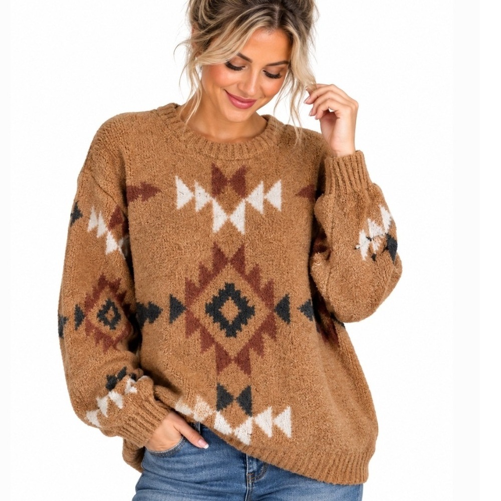 Heyson Tan Aztec Southwestern Pullover Sweater Small Boho Western
